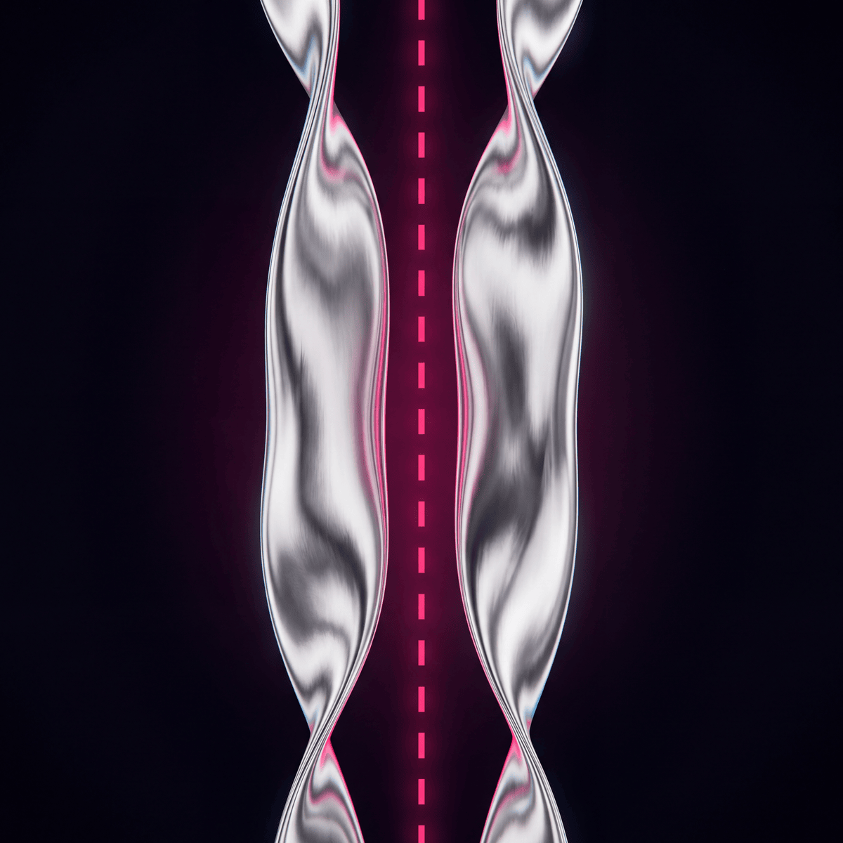 Two chrome ribbons floating side by side with a void gap between them, traced by a single dashed magenta line — the adjacent graft.