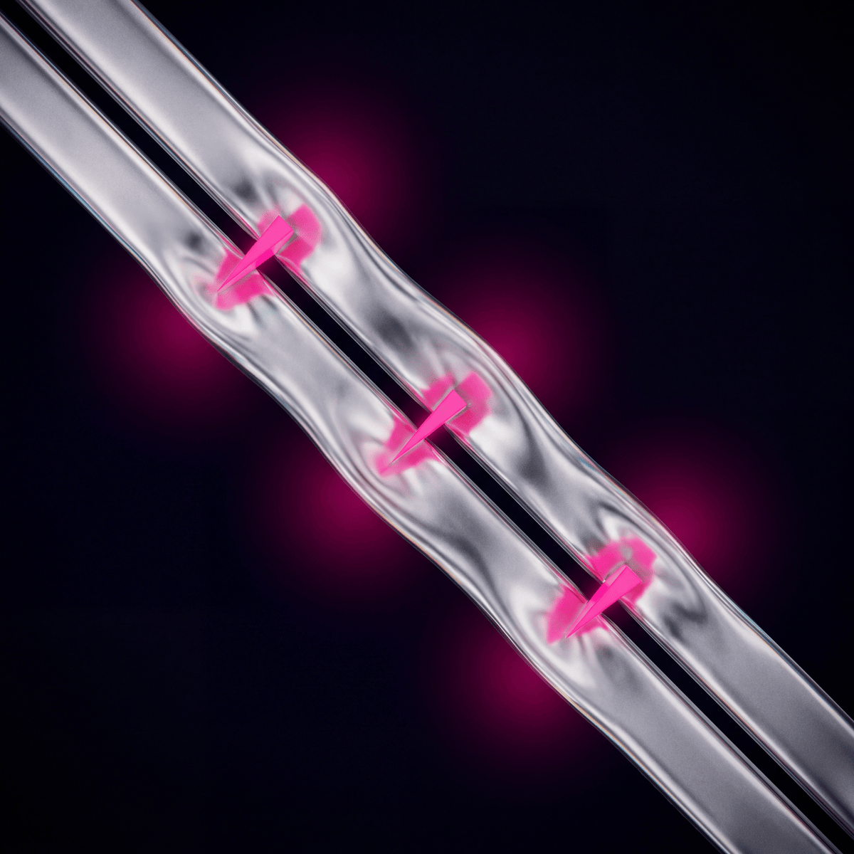 Two chrome ribbons running parallel along the diagonal, held together at three luminous magenta pins — the pinned graft.
