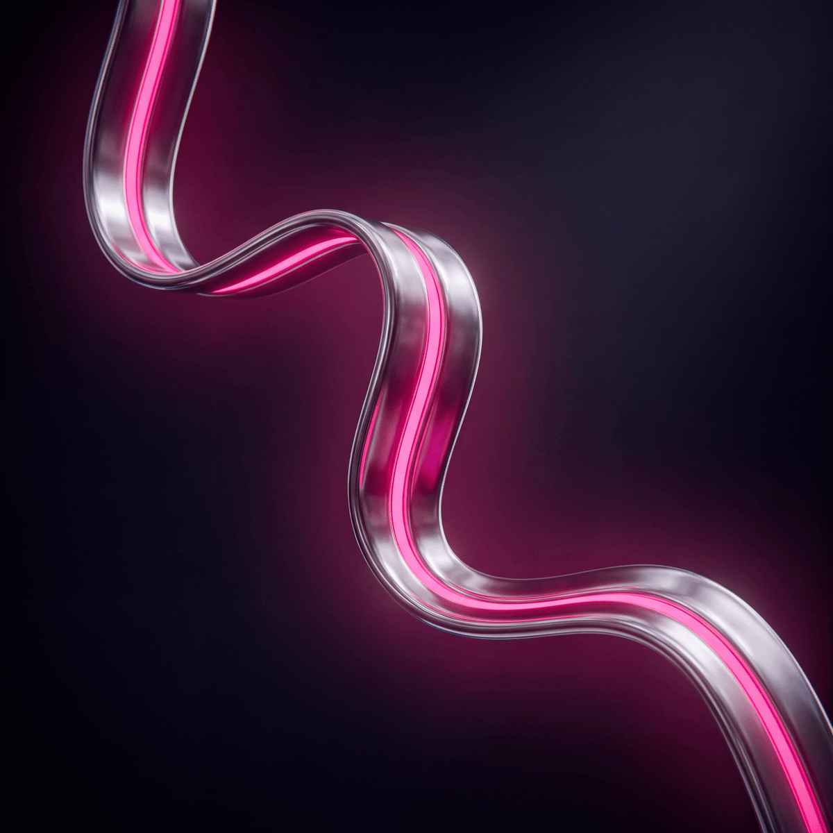 A liquid-chrome ribbon flowing in an S-curve, illuminated along its full length by an unbroken magenta seam — the fully fused graft.